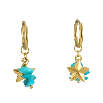 Boucles d'oreilles en acier inoxydable plaqué or 18 carats, bijoux en forme d'étoile bleue Turquoise perlée en pierre naturelle, longues pampilles pendantes, cerceau Huggie